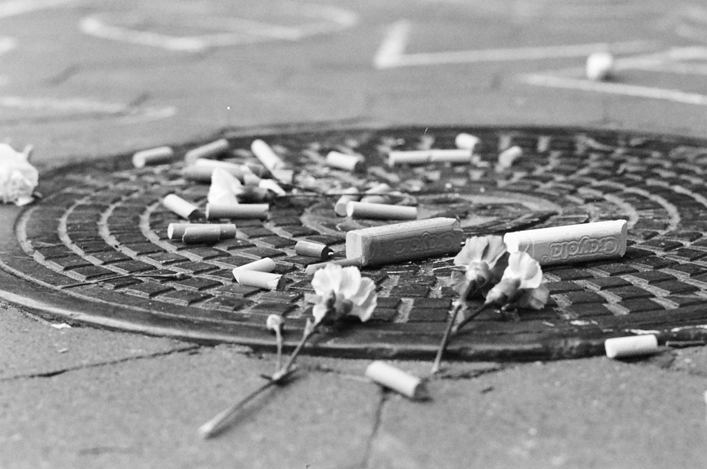 In black and white: various sizes of sidewalk chalk and a few carnations rest on a manhole cover situated within a public park.