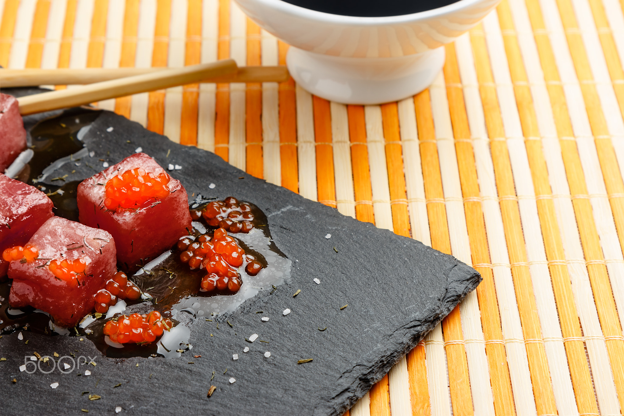 Red tuna sashimi with salmon roe.