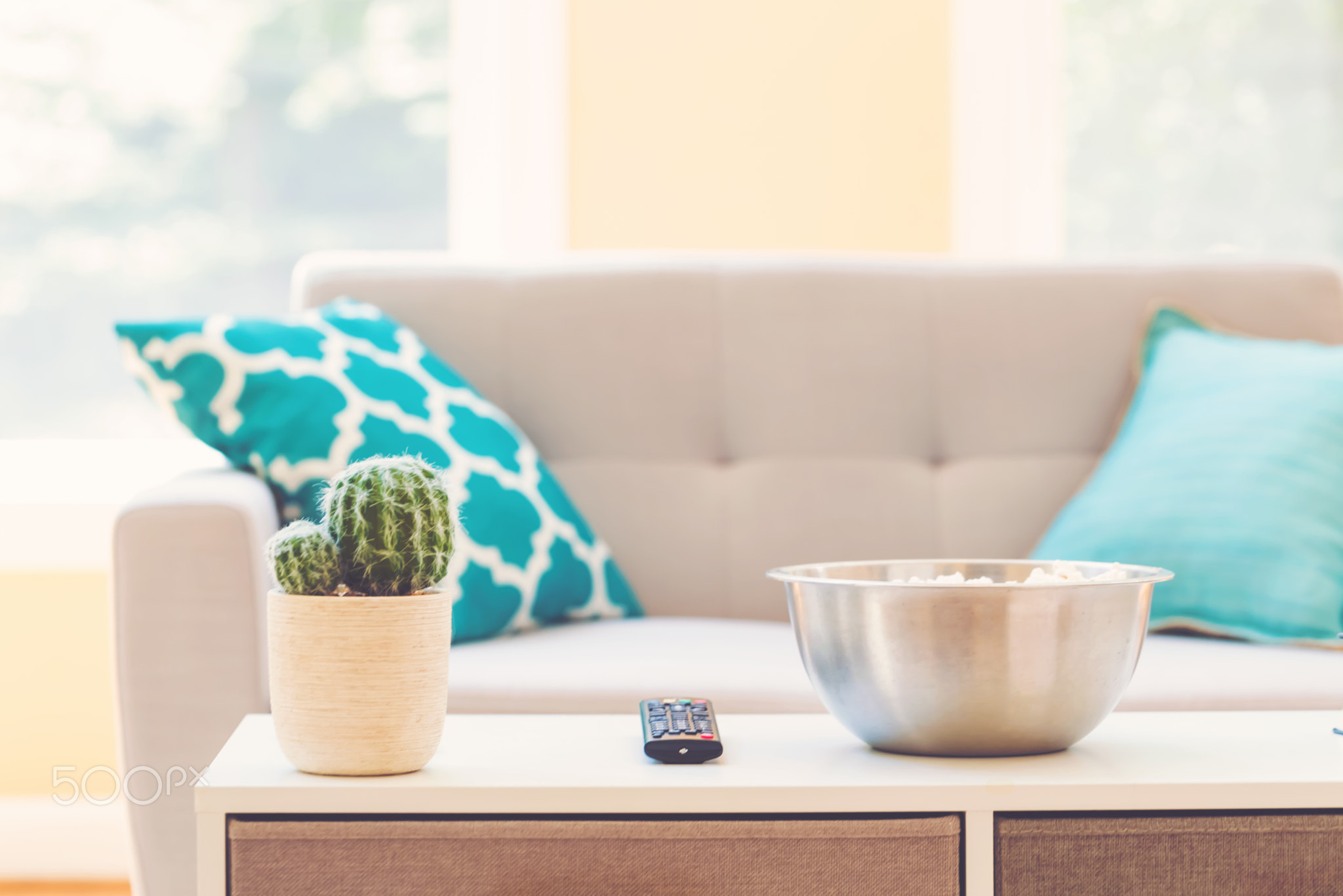 Living room with big bowl of popcorn