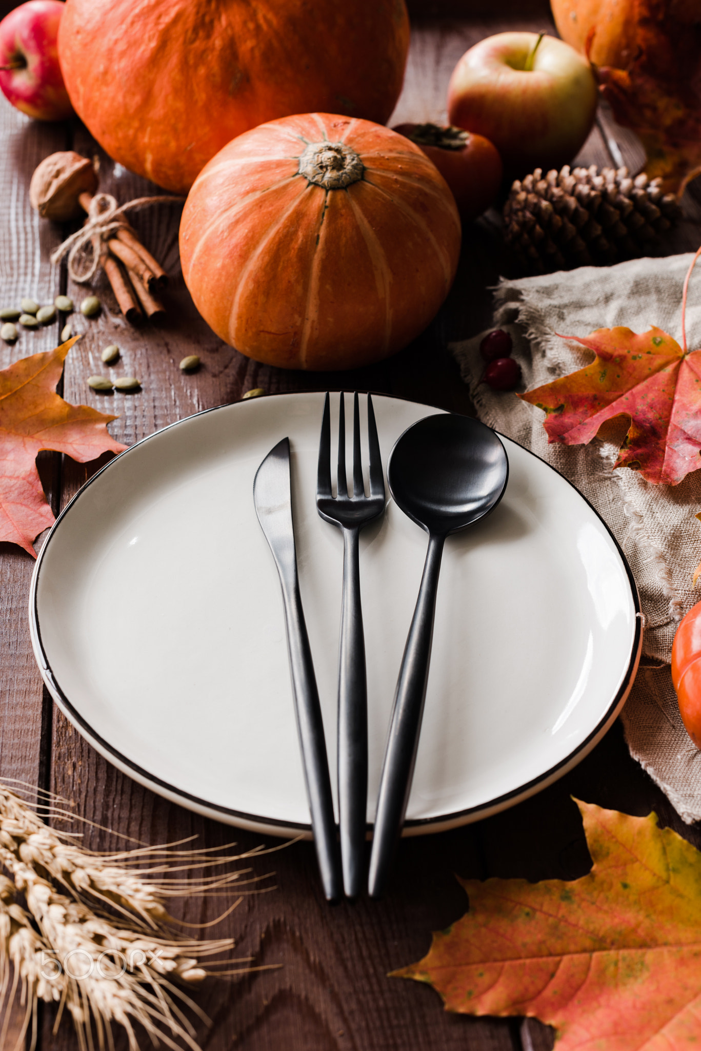 Thanksgiving table setting with pumpkins, wheat, fallen leaf and black cutlery