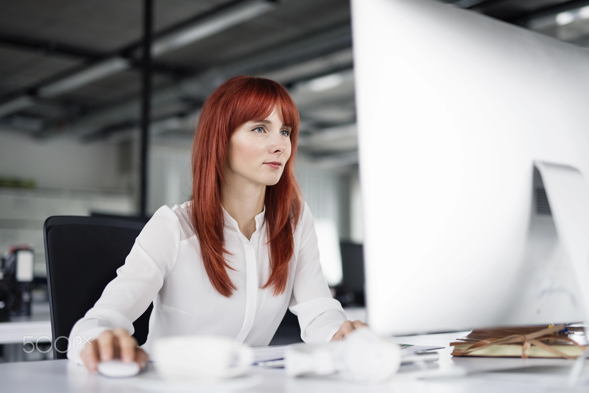 Businesswoman with computer in her office at the desk, working.