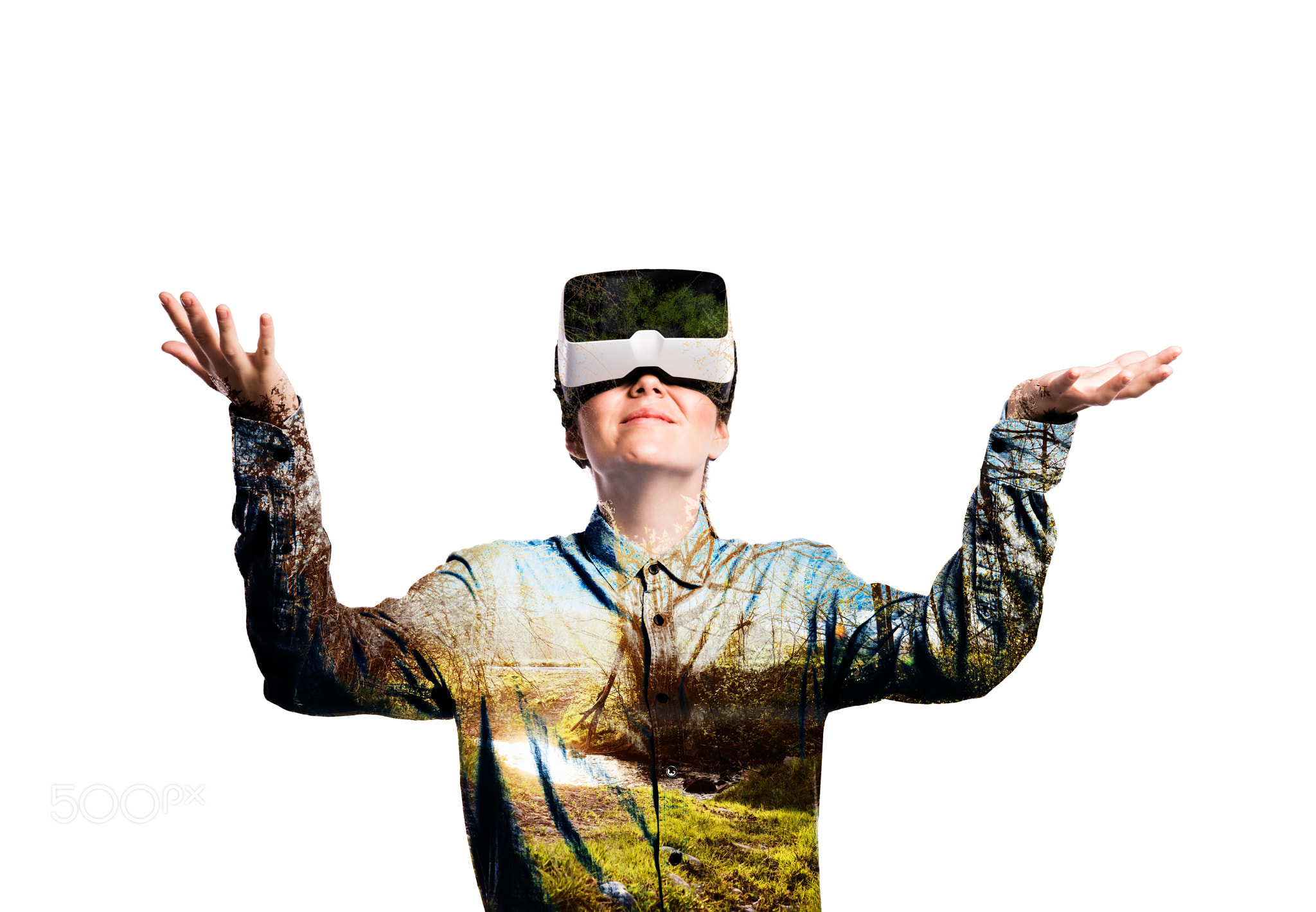 Double exposure. Woman with virtual reality goggles. Nature.