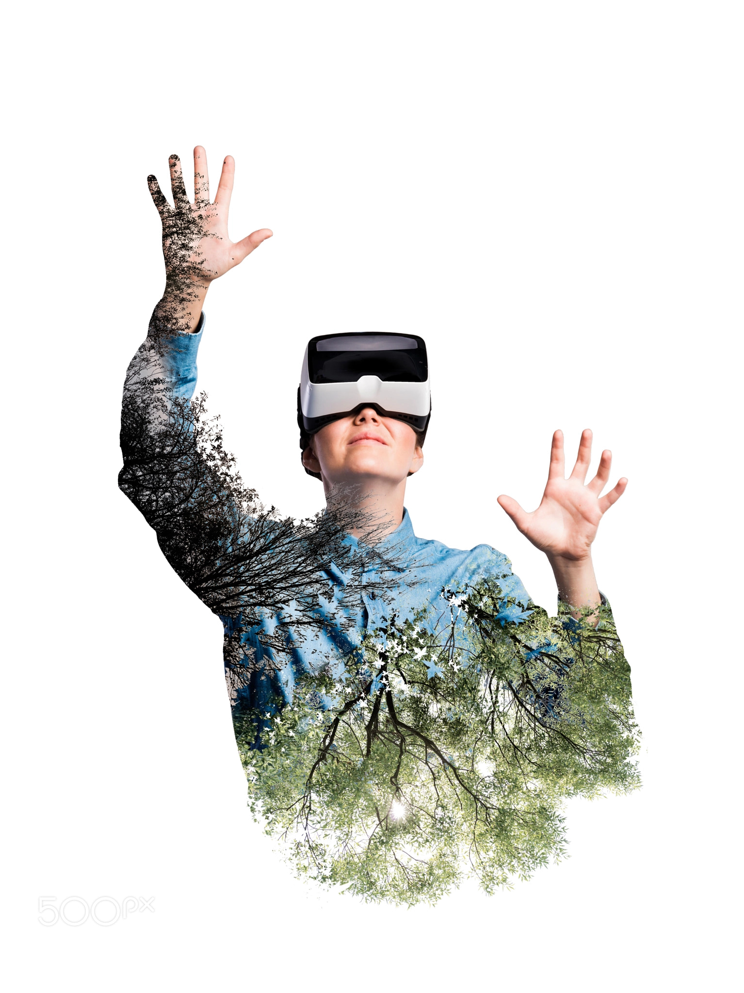 Double exposure. Woman with virtual reality goggles. Trees.