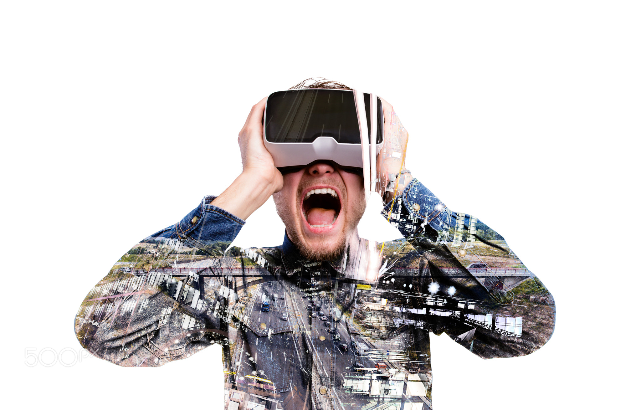 Double exposure. Man wearing virtual reality goggles. Highway.