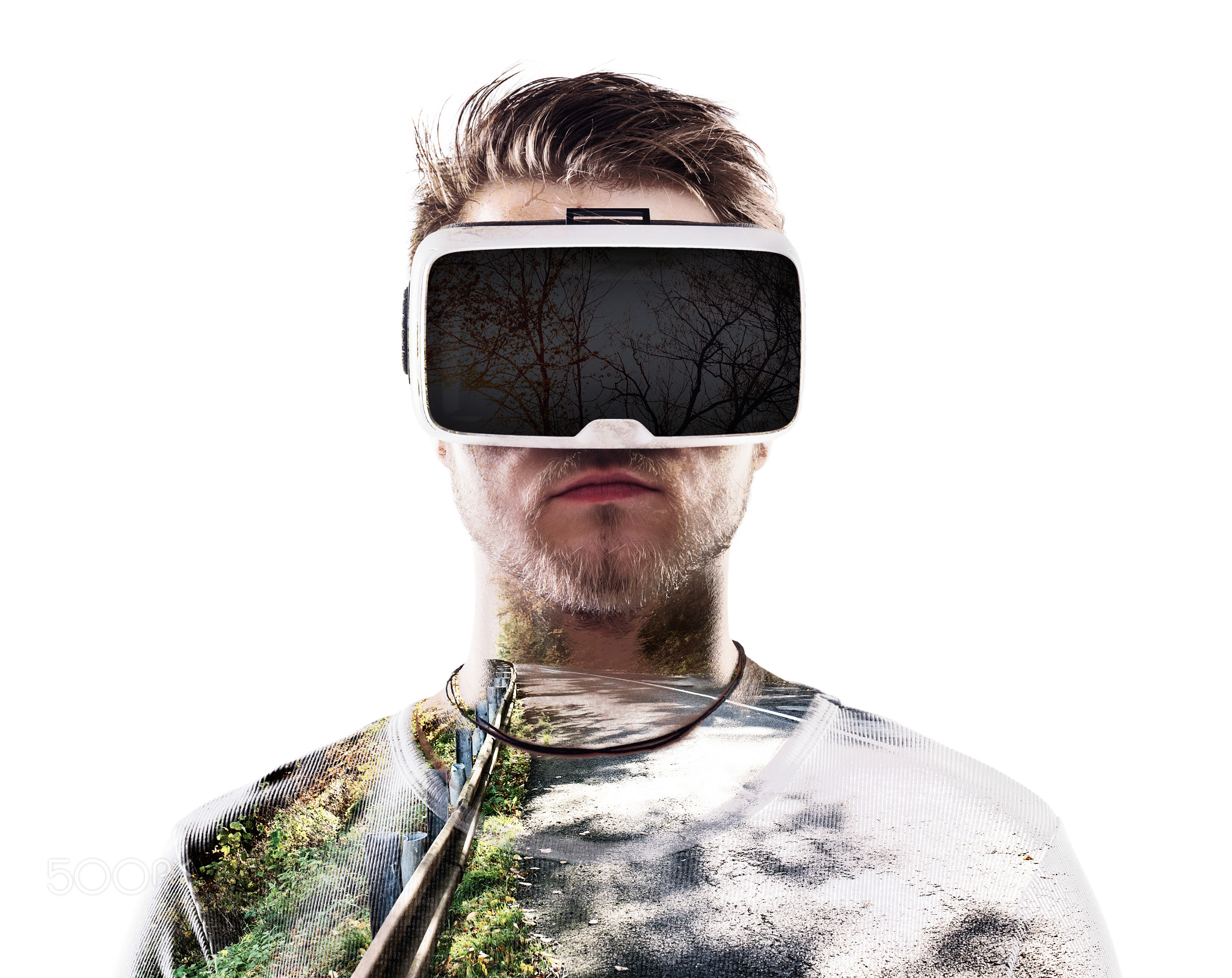 Double exposure. Man wearing virtual reality goggles. Road.