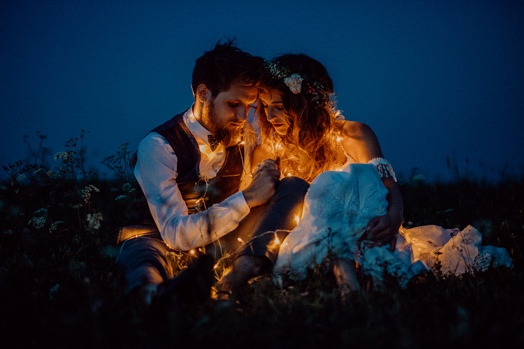 Beautiful bride and groom on a meadow at night. by Jozef Polc on 500px.com