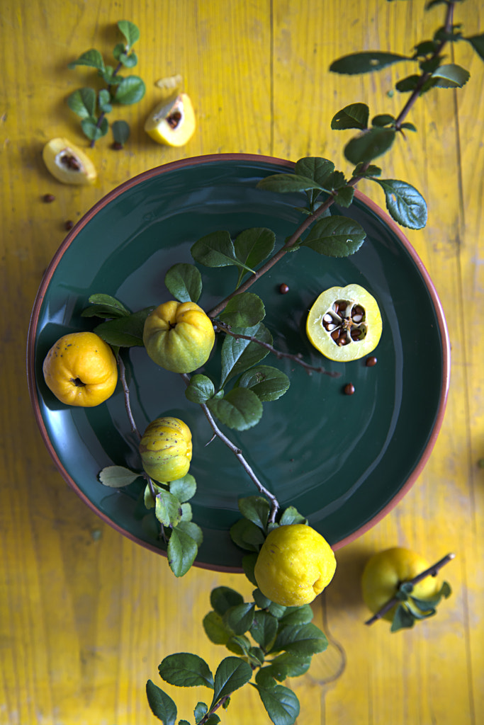 Chaenomeles fruits on yellow board by Paulina Dole?ko on 500px.com