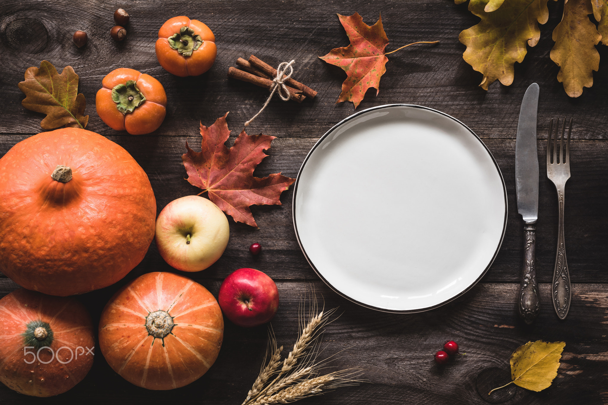 Autumnal table setting for Thanksgiving dinner or Halloween