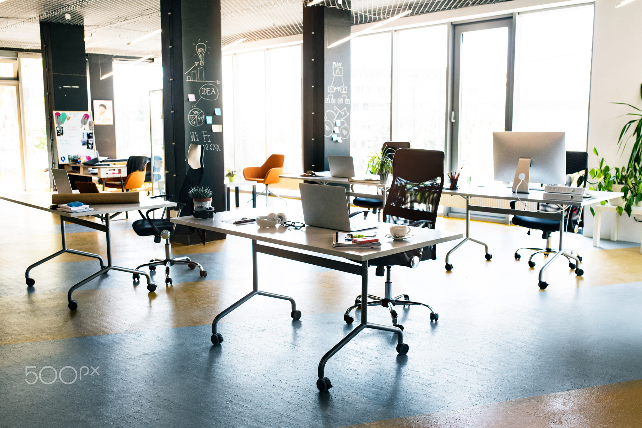 The interior of big bright empty modern office after work.