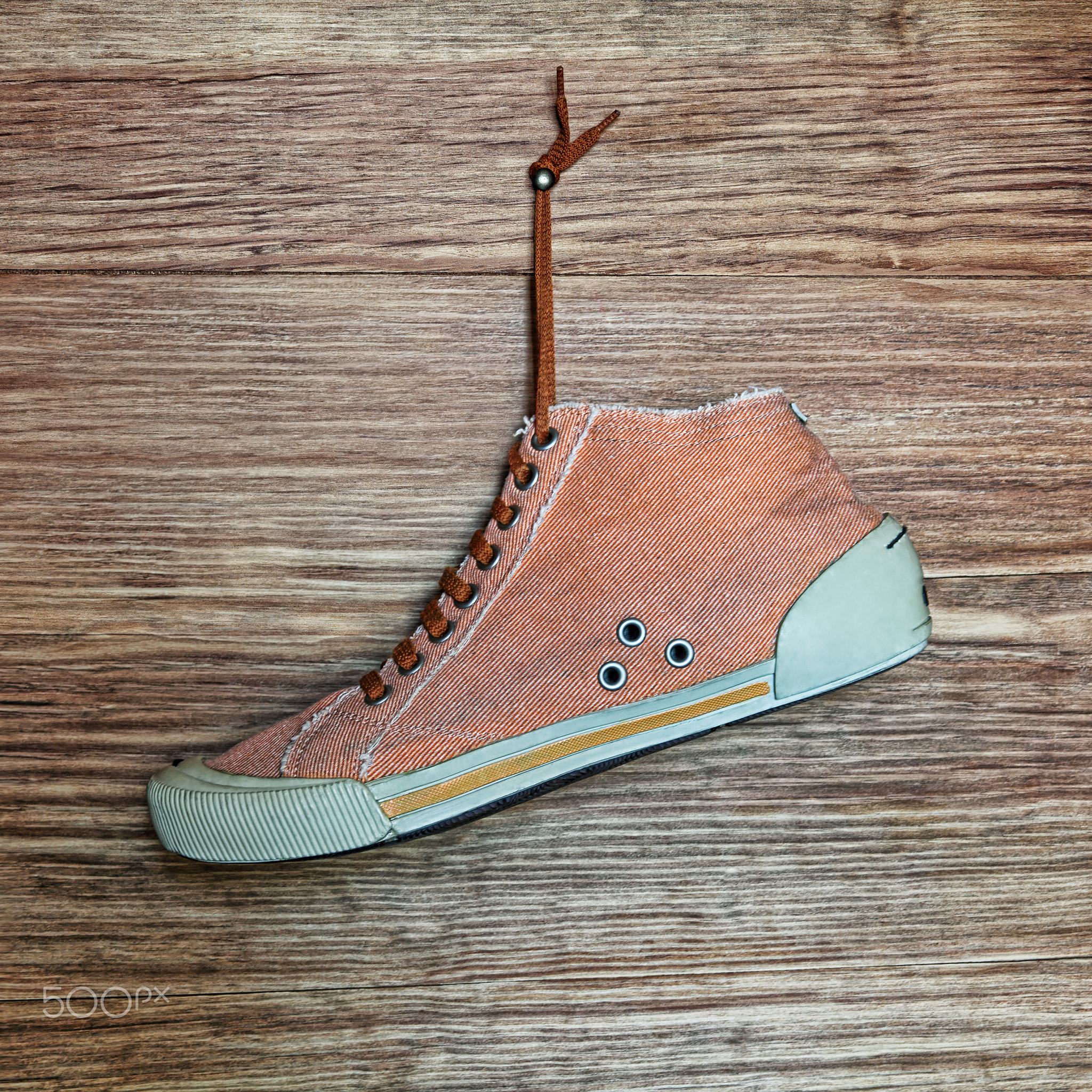 Single Trendy Gym shoe hangs on wooden wall taken closeup.