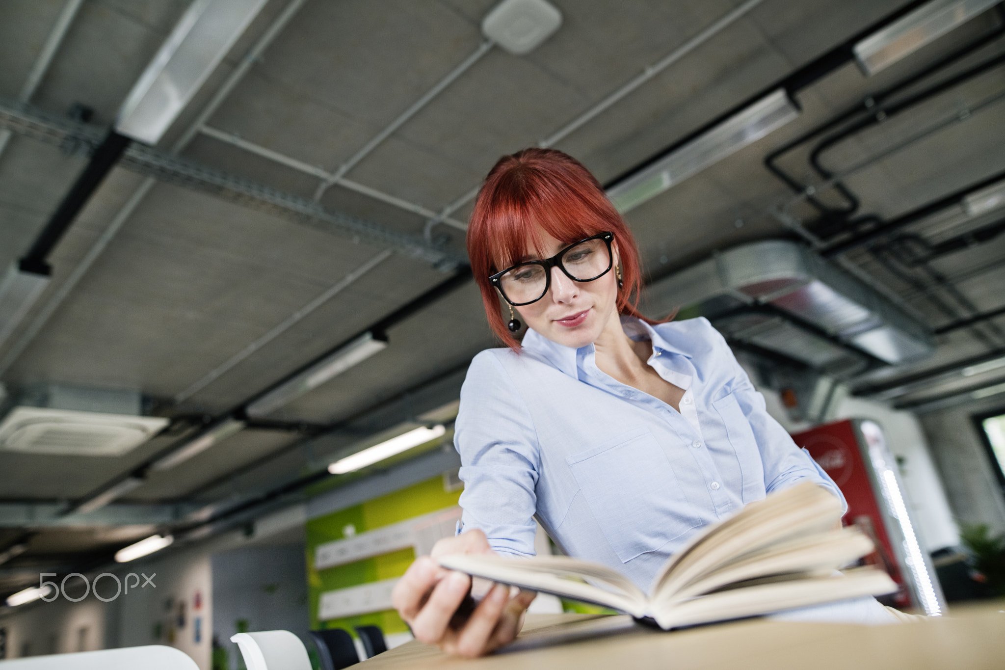 Businesswoman with a book in her office working.