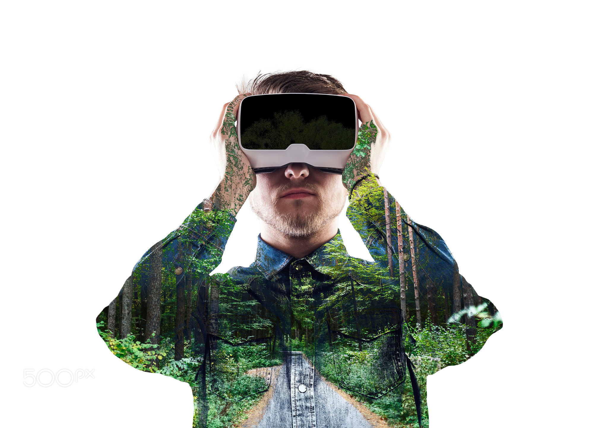 Double exposure. Man wearing virtual reality goggles. Forest. Tr