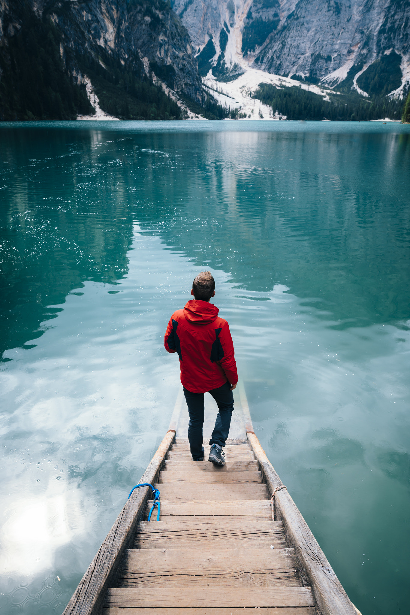 walking down into those emerald waters