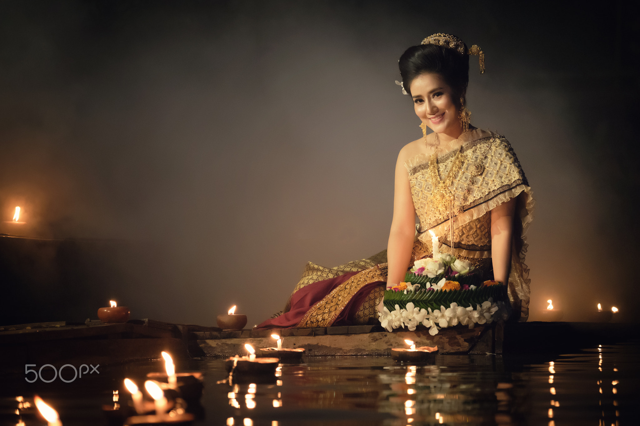 Loy Krathong Traditional Festival, Thai woman hold kratong, Thai