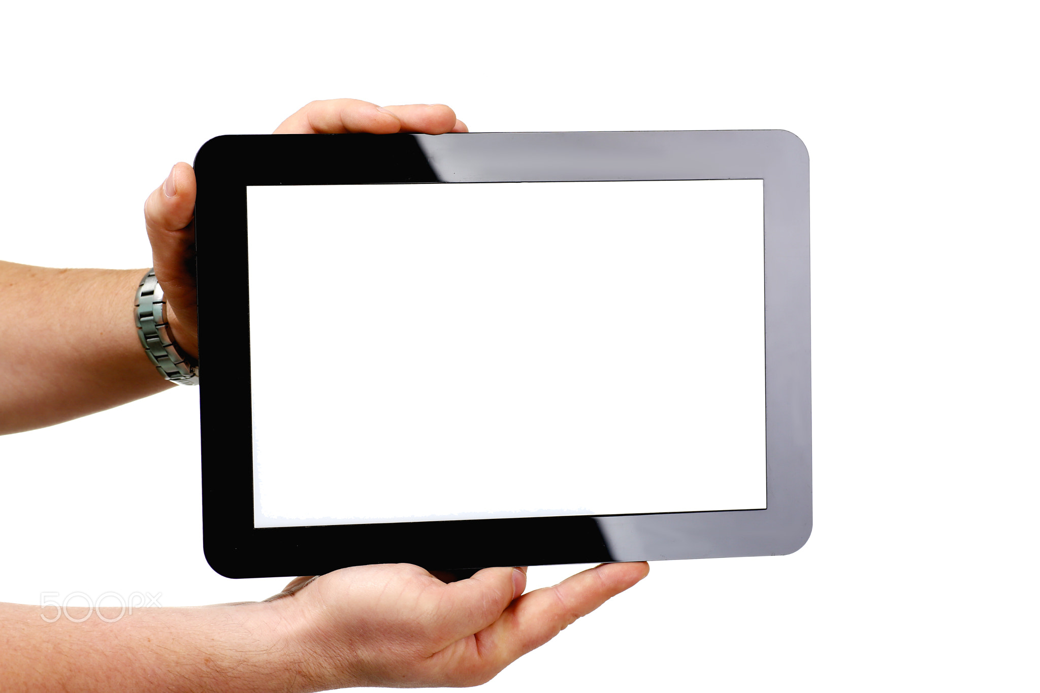 man holding black tablet frame in hand