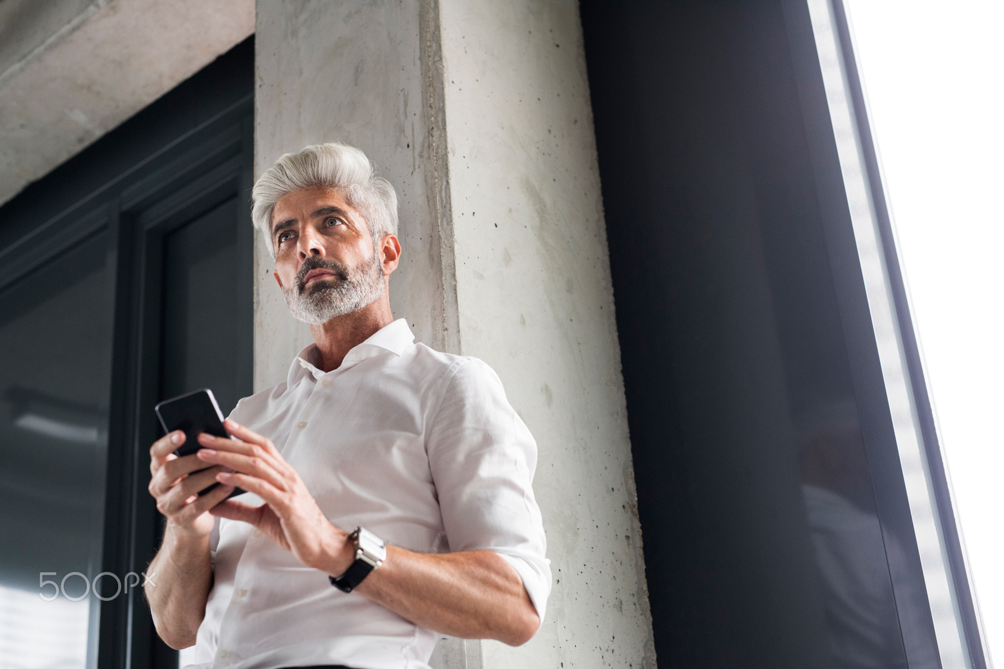 Mature businessman with smartphone in the office.