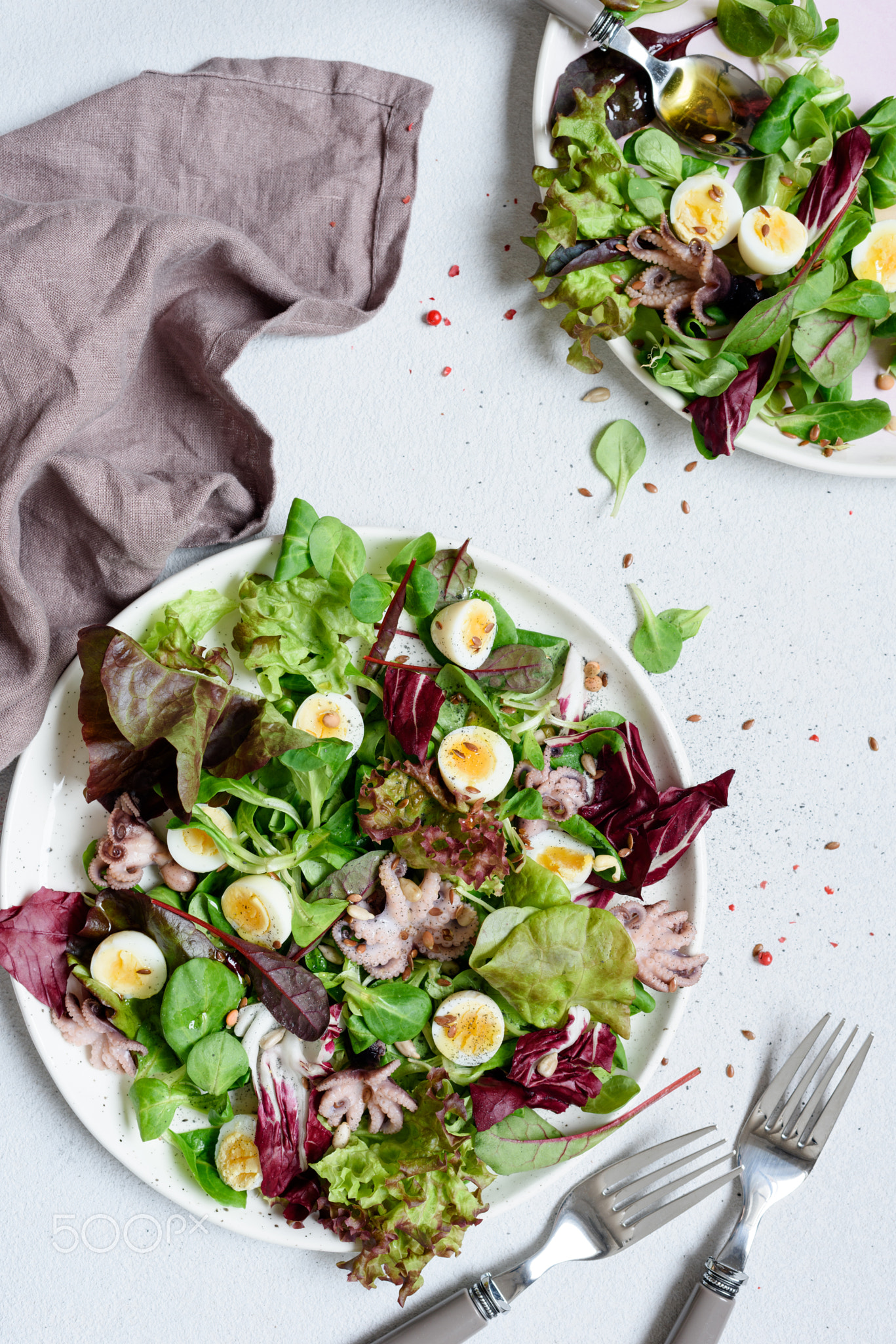 Gourmet salad with seafood, quail egg and green salad leaf