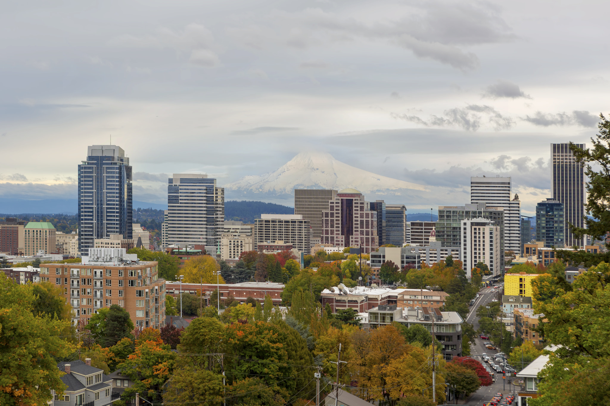 Portland Skyline and Mount Hood in Fall Season