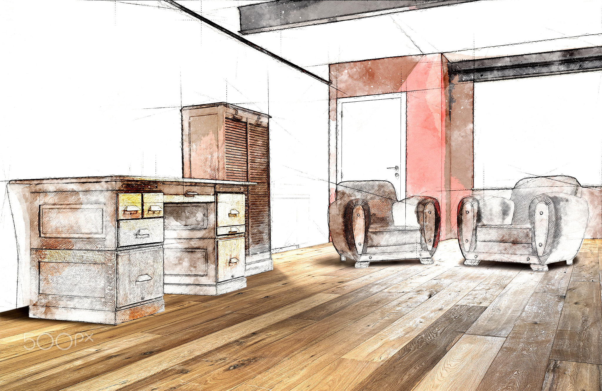 Sketch illustration of a interior wide loft