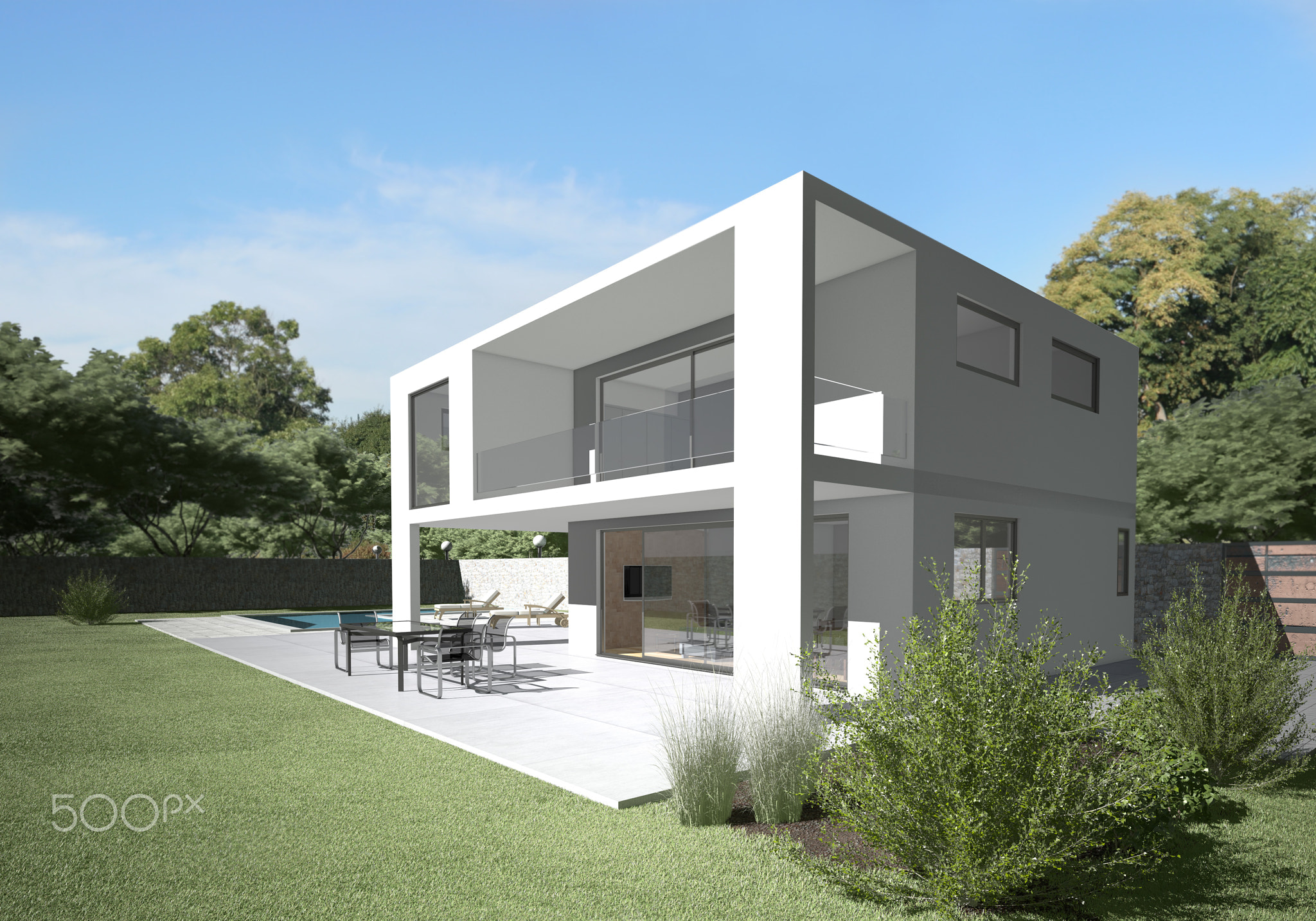 Modern villa with terrace and garden.