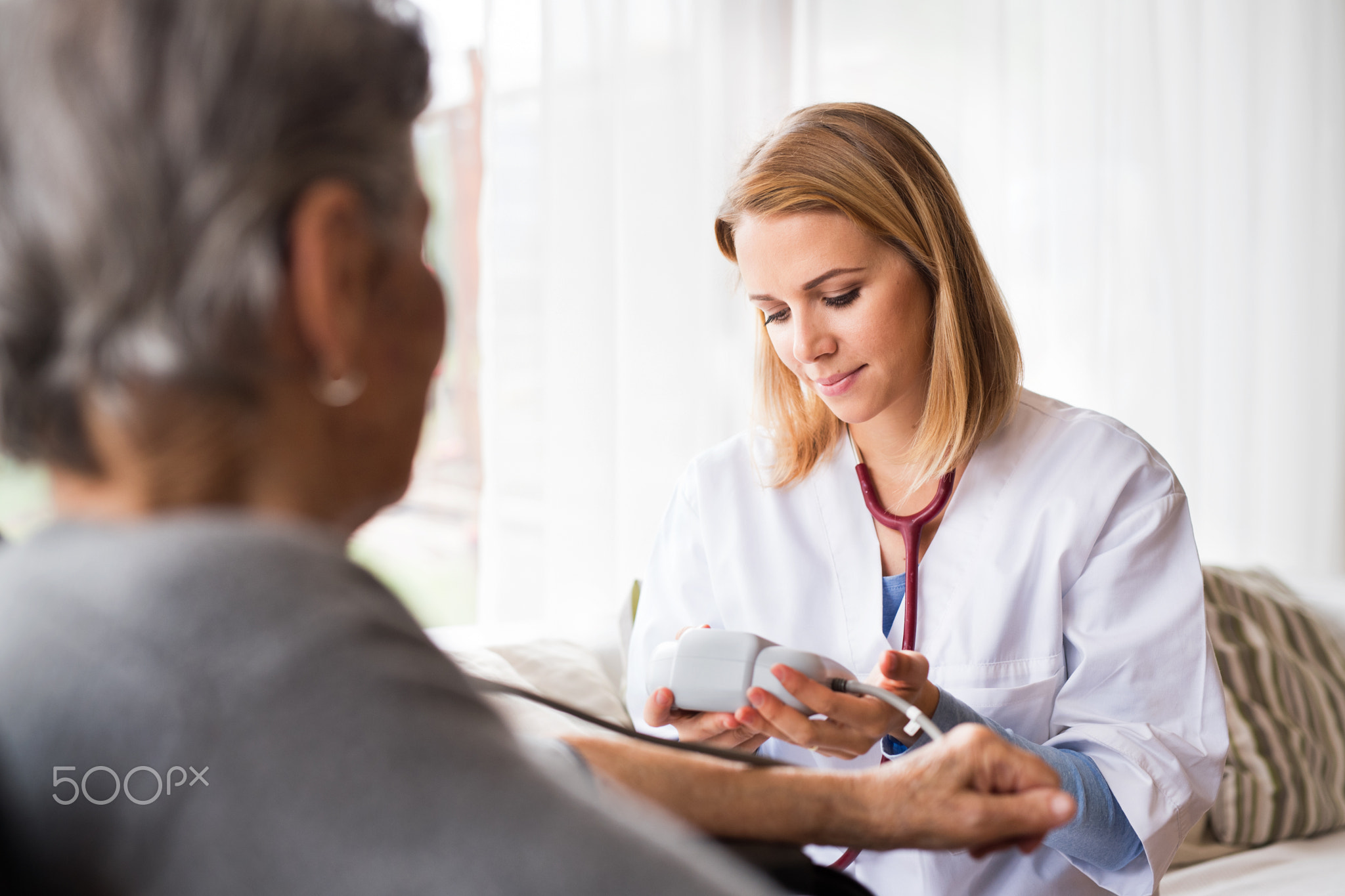 Health visitor and a senior woman during home visit.