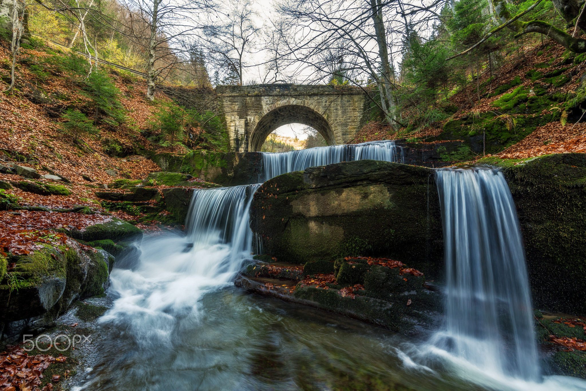 Beautiful autumn waterfall in the forest.