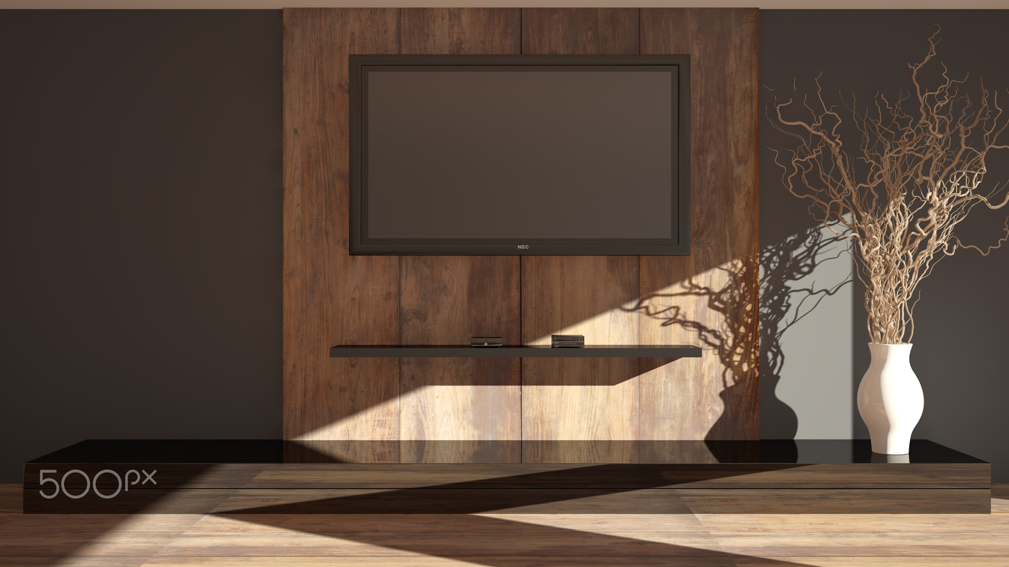 Modern part of living room for TV and equipment.