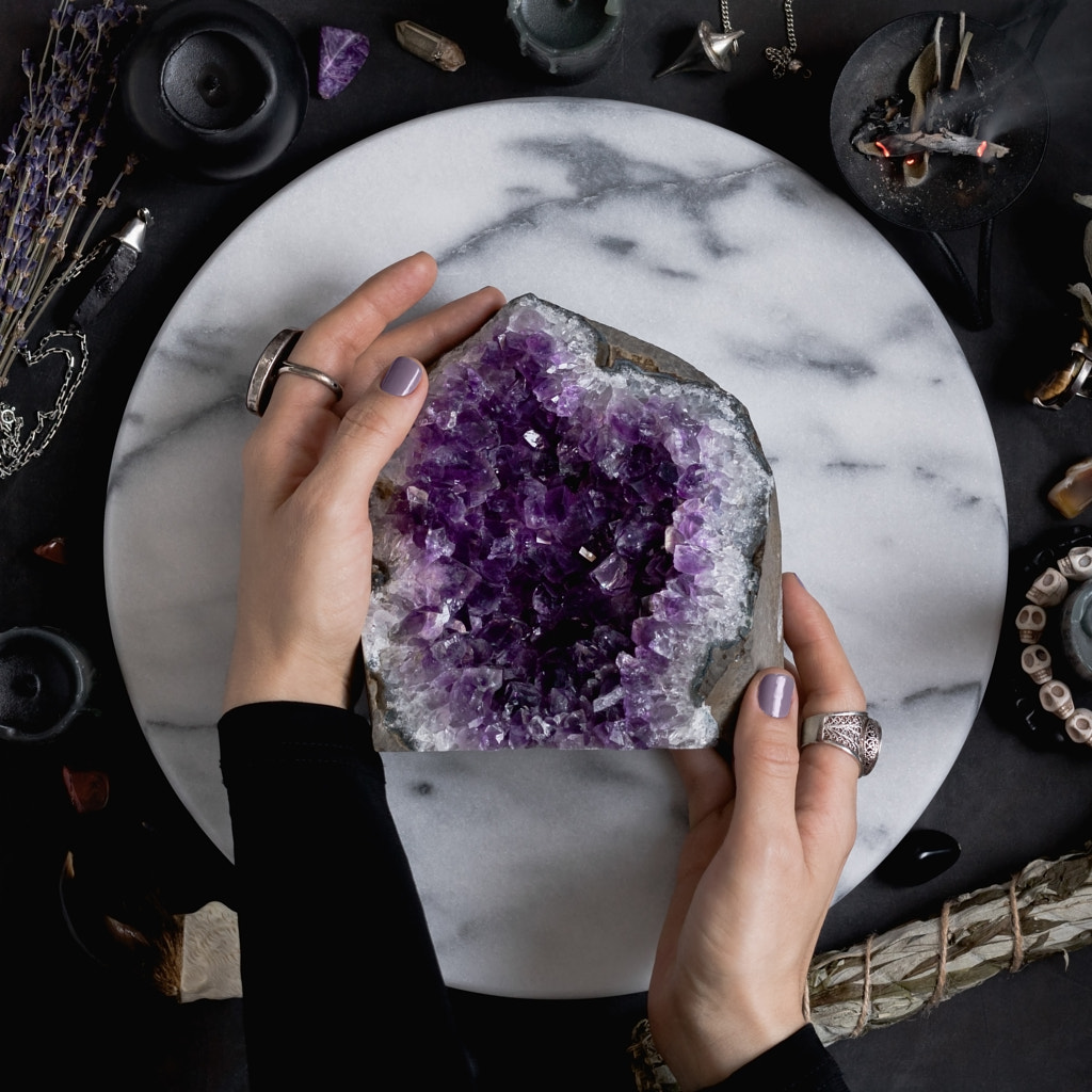 The witch is holding amethyst stone surrounded magic things. View from above. by Edalin Photography on 500px.com