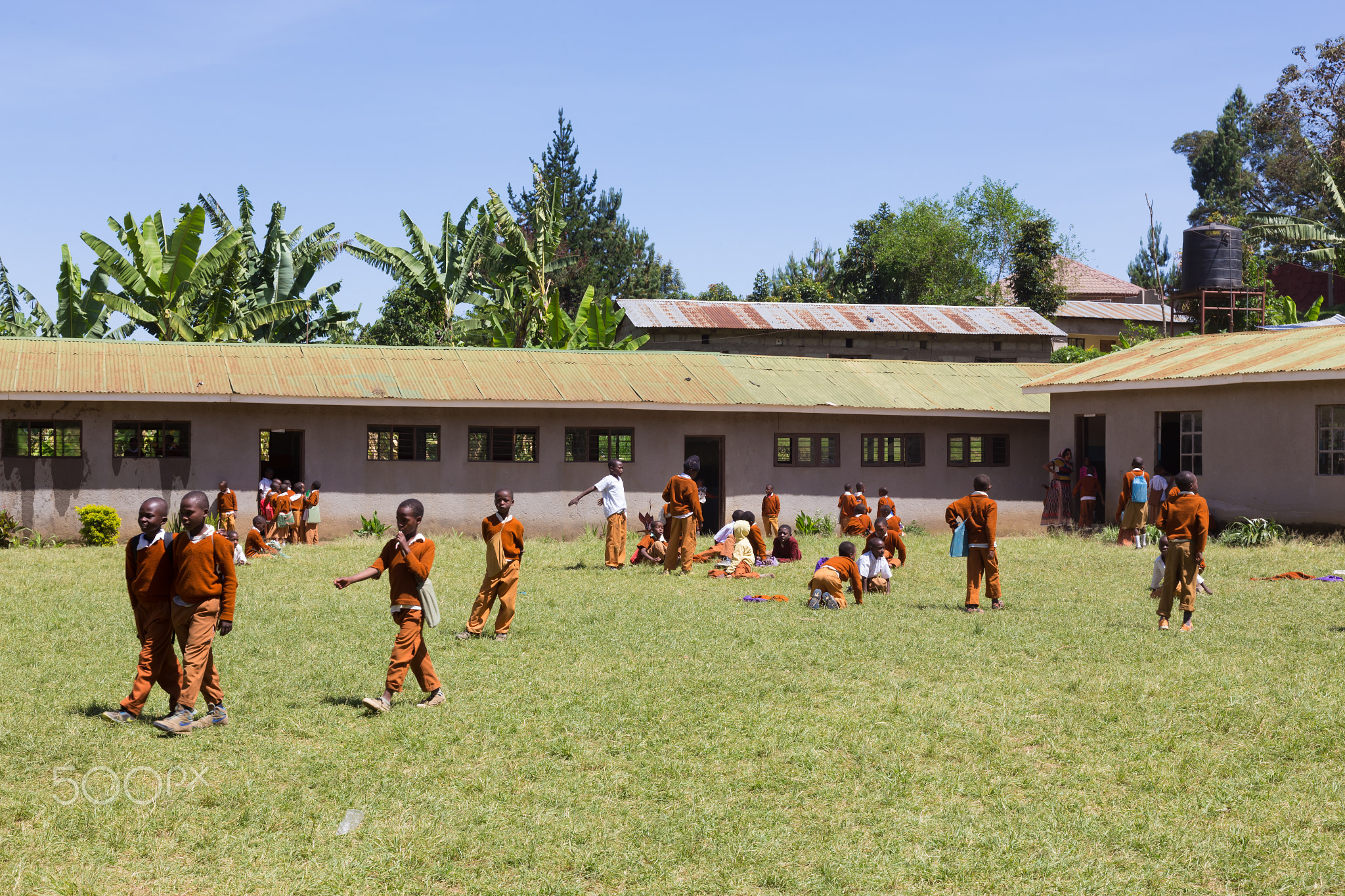 Children in uniforms playing in the cortyard of primary school in rural area near Arusha,...