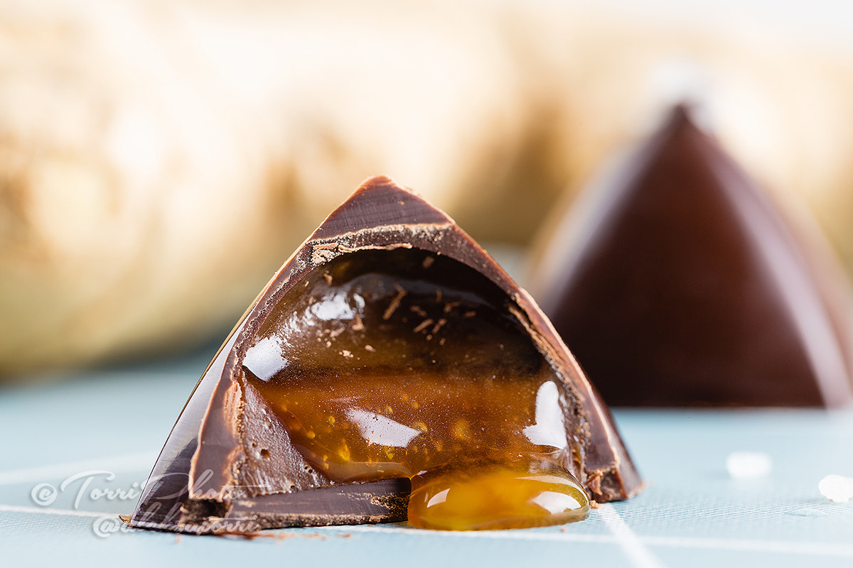 Chocolate praline candy with liquid salted caramel