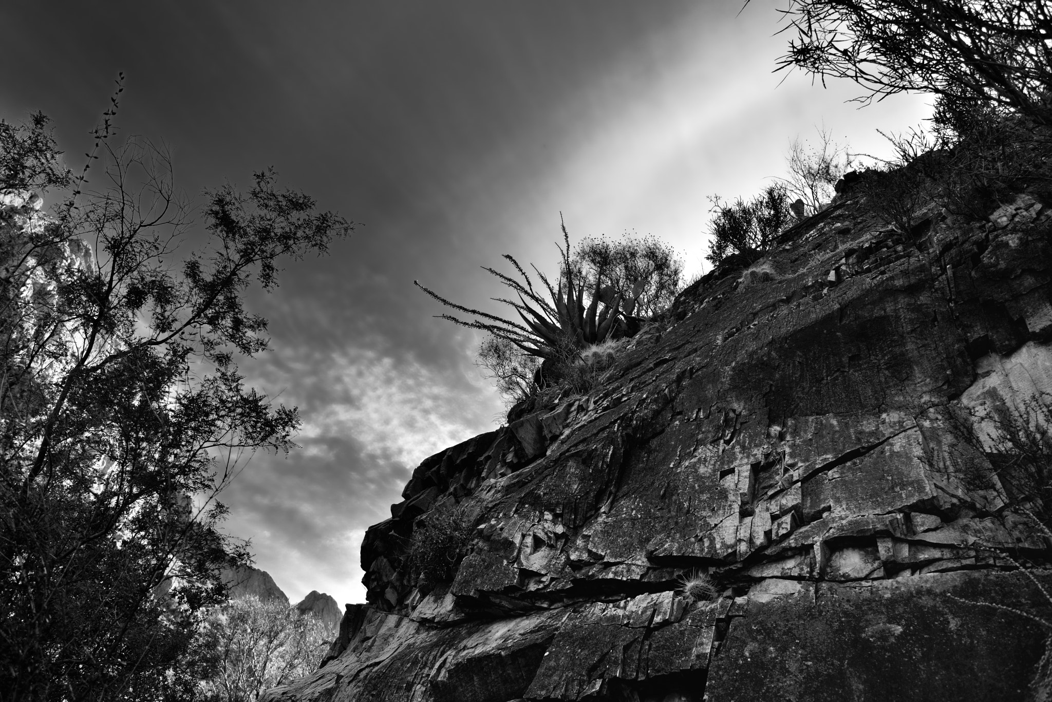 Nikon D800E + Nikon AF-S Nikkor 24-120mm F4G ED VR sample photo. Nearby walls of a mountainside with skies and clouds above (black & white) photography