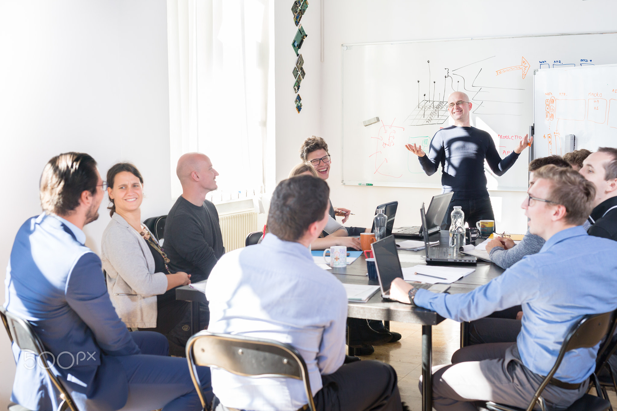 Relaxed informal IT business startup company team meeting.