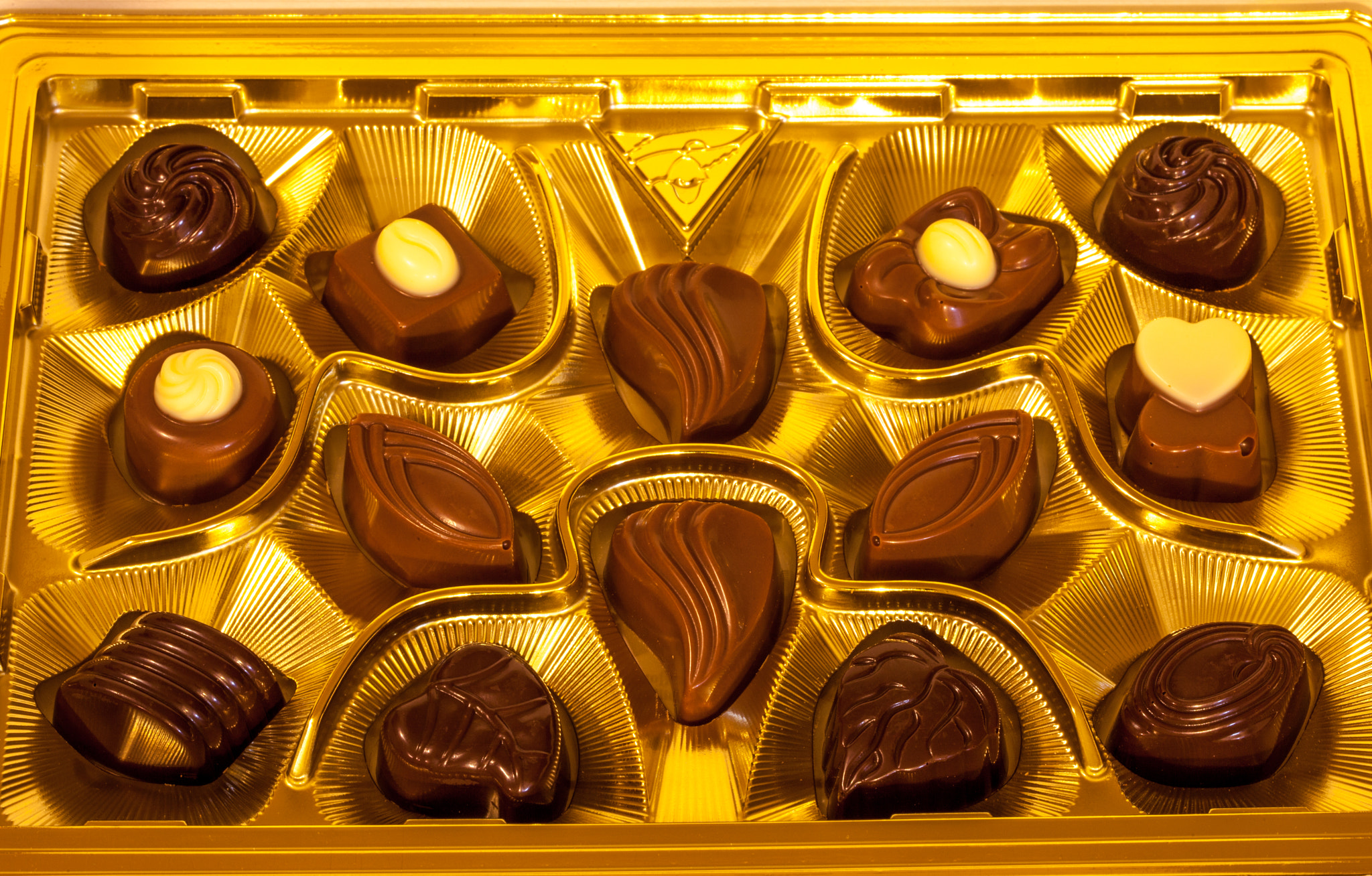 Variety of gourmet chocolates in golden box