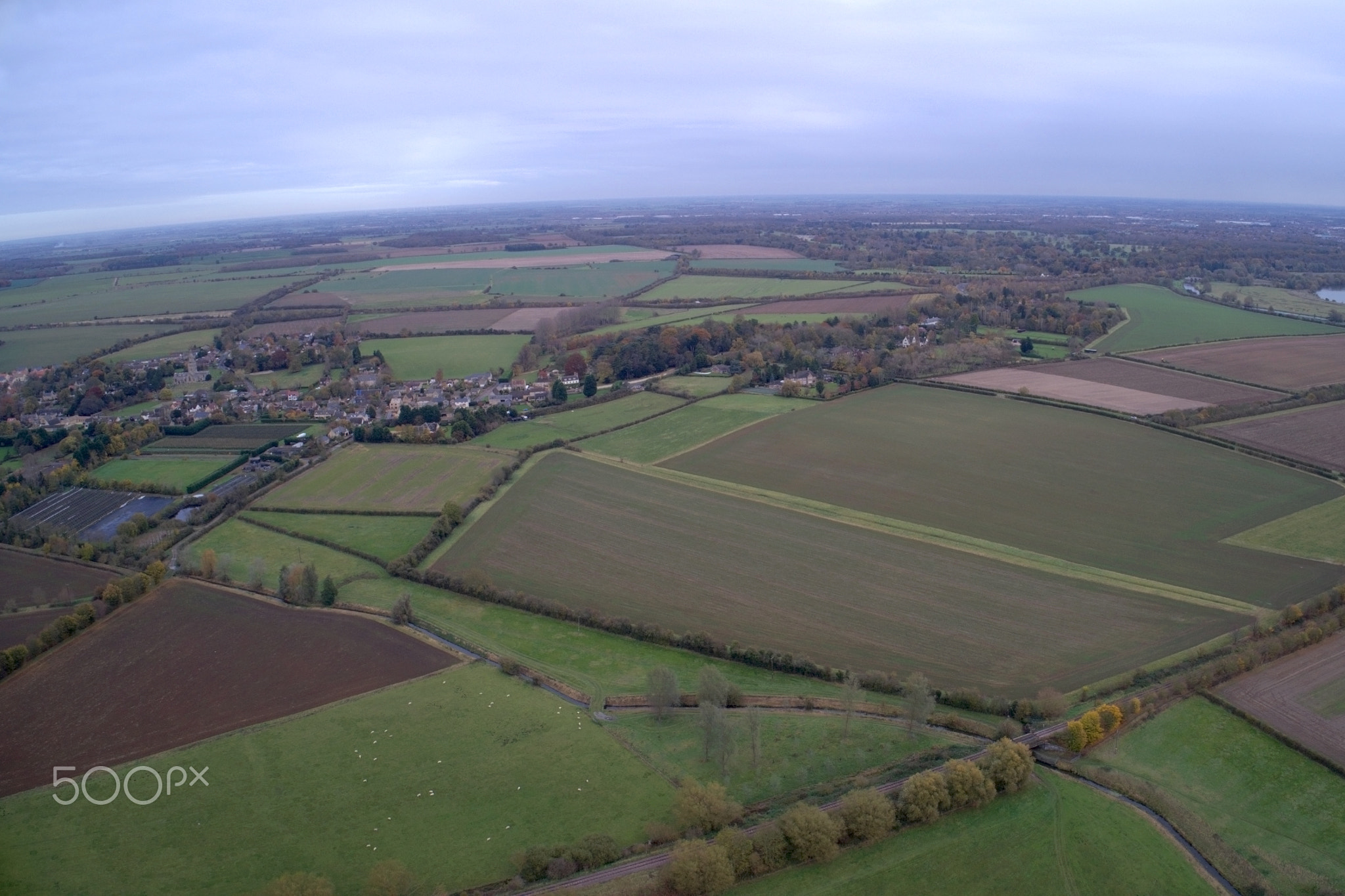 Drones view of the River Nene valley, Castor village, Cambridges