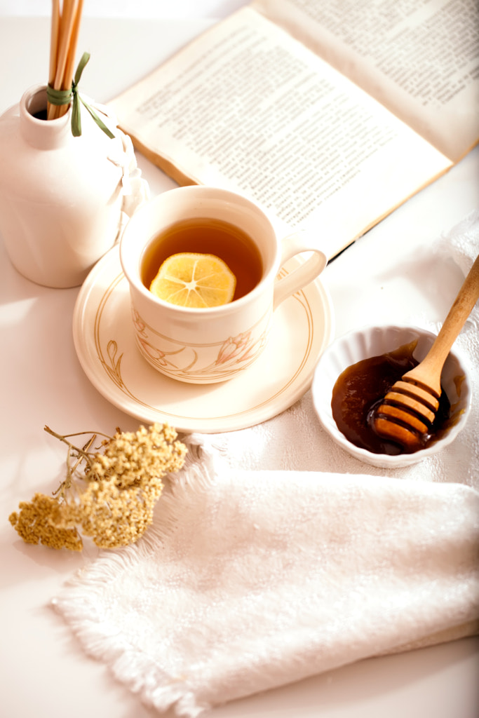 light white autumn background with tea, honey, and book for you.Copy Space. Place for text. Flat... by Svetoslav Sokolov on 500px.com