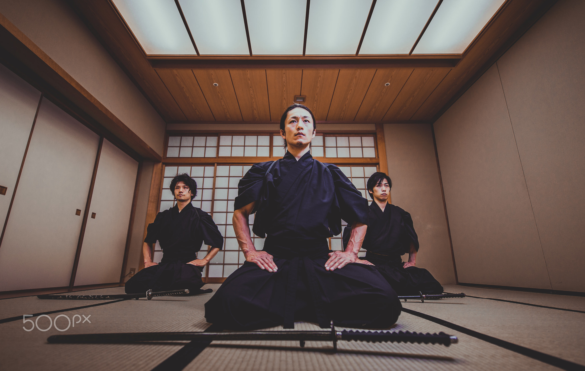 Samurai training in a traditional dojo, in Tokyo