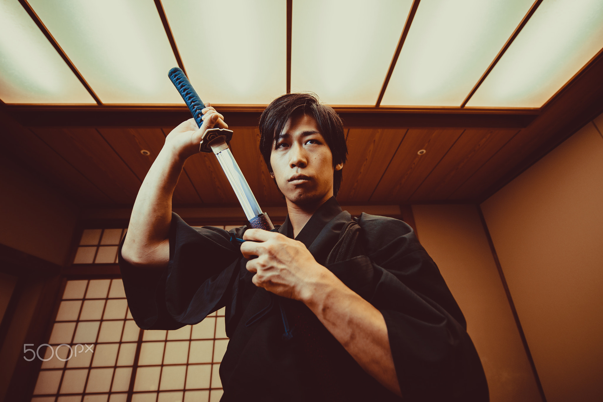 Samurai training in a traditional dojo, in Tokyo