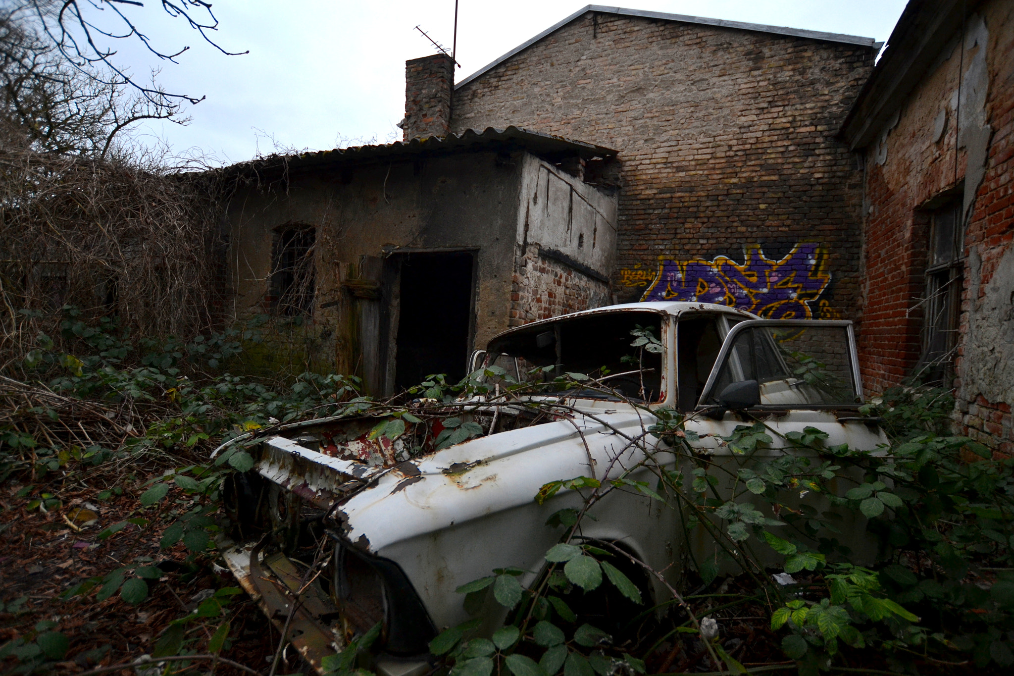 Nikon D3100 sample photo. Abandoned car workshop photography