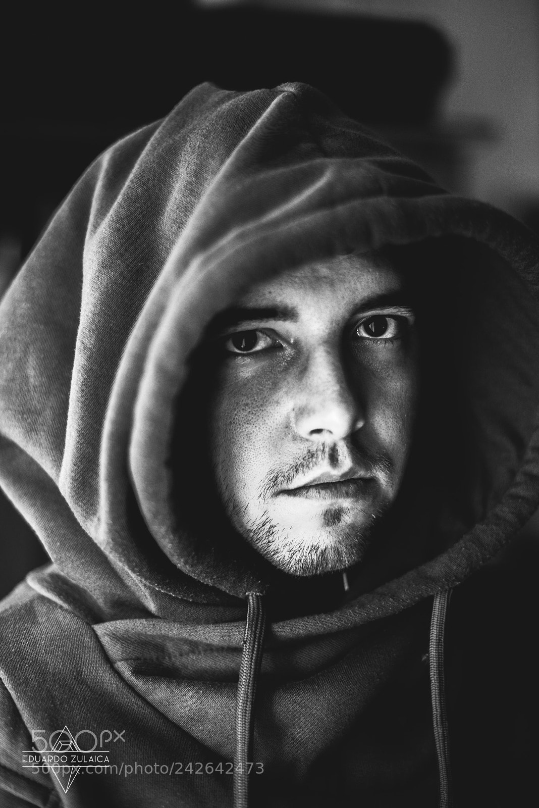 Nikon D800 sample photo. Self-portrait black&white hoodie photography