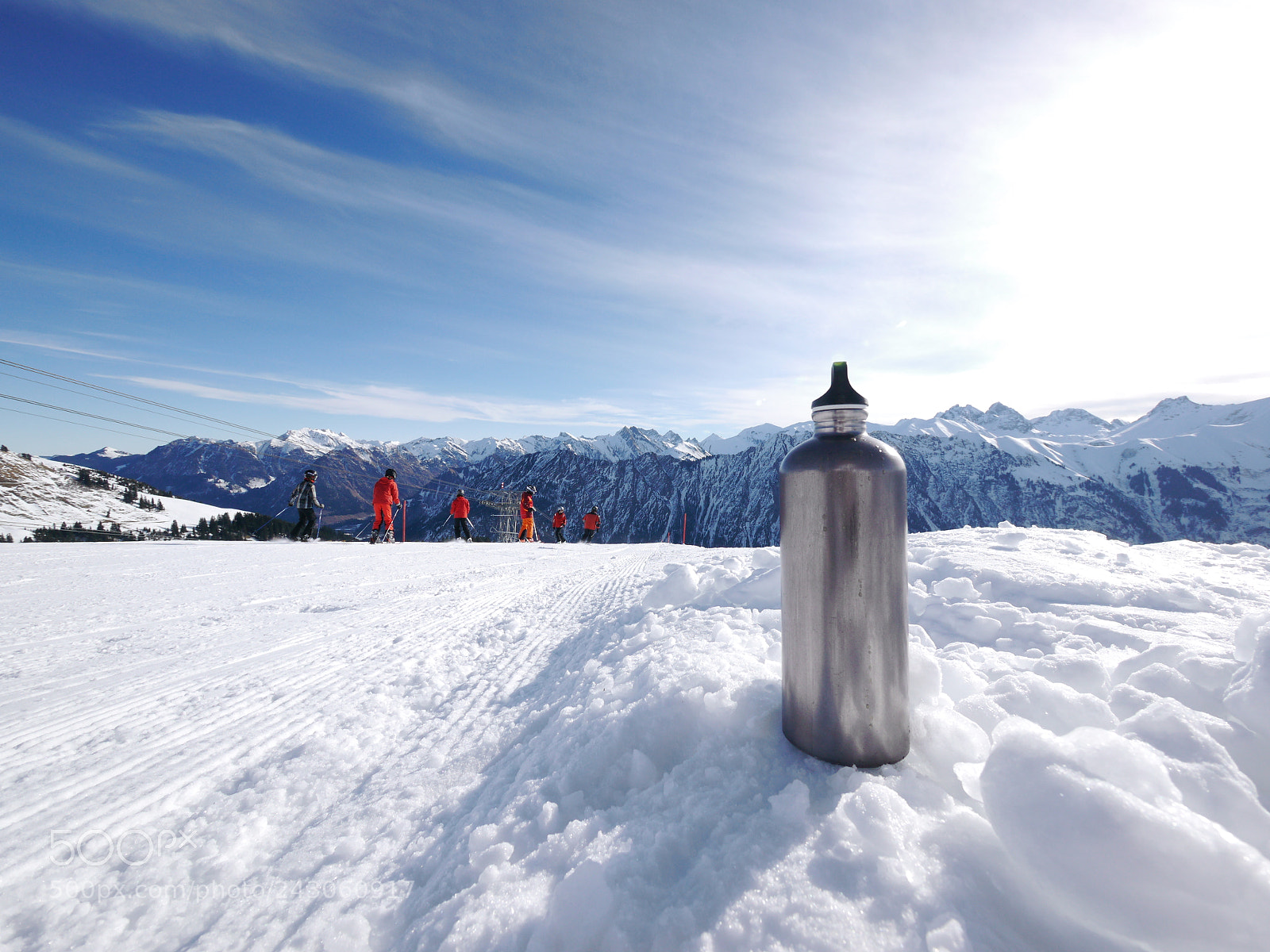 Panasonic Lumix DMC-GH2 sample photo. Silver thermos flask slope photography