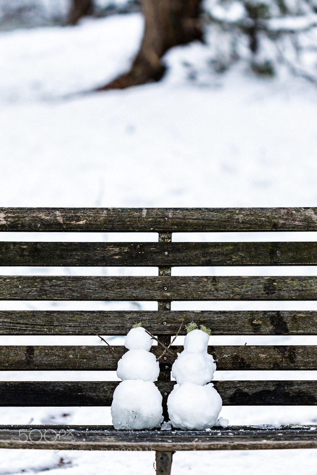 Canon EOS 7D Mark II sample photo. Snowmen on a bench photography