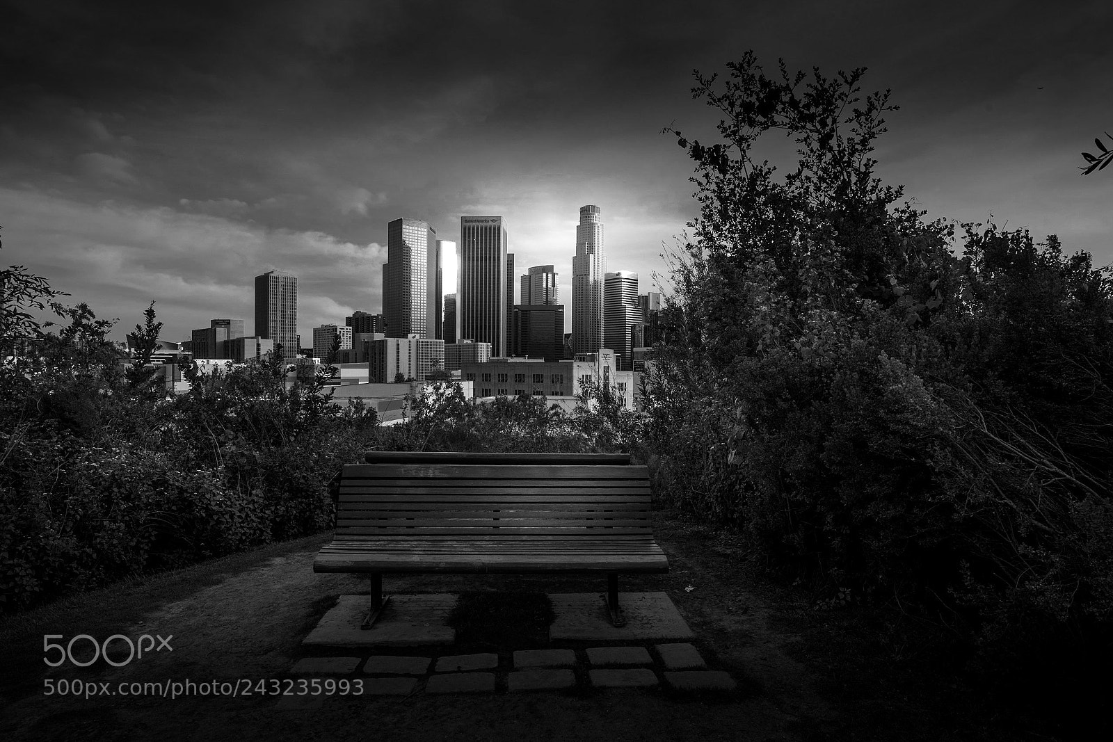 Sony a7R II sample photo. Downtown la view bench photography