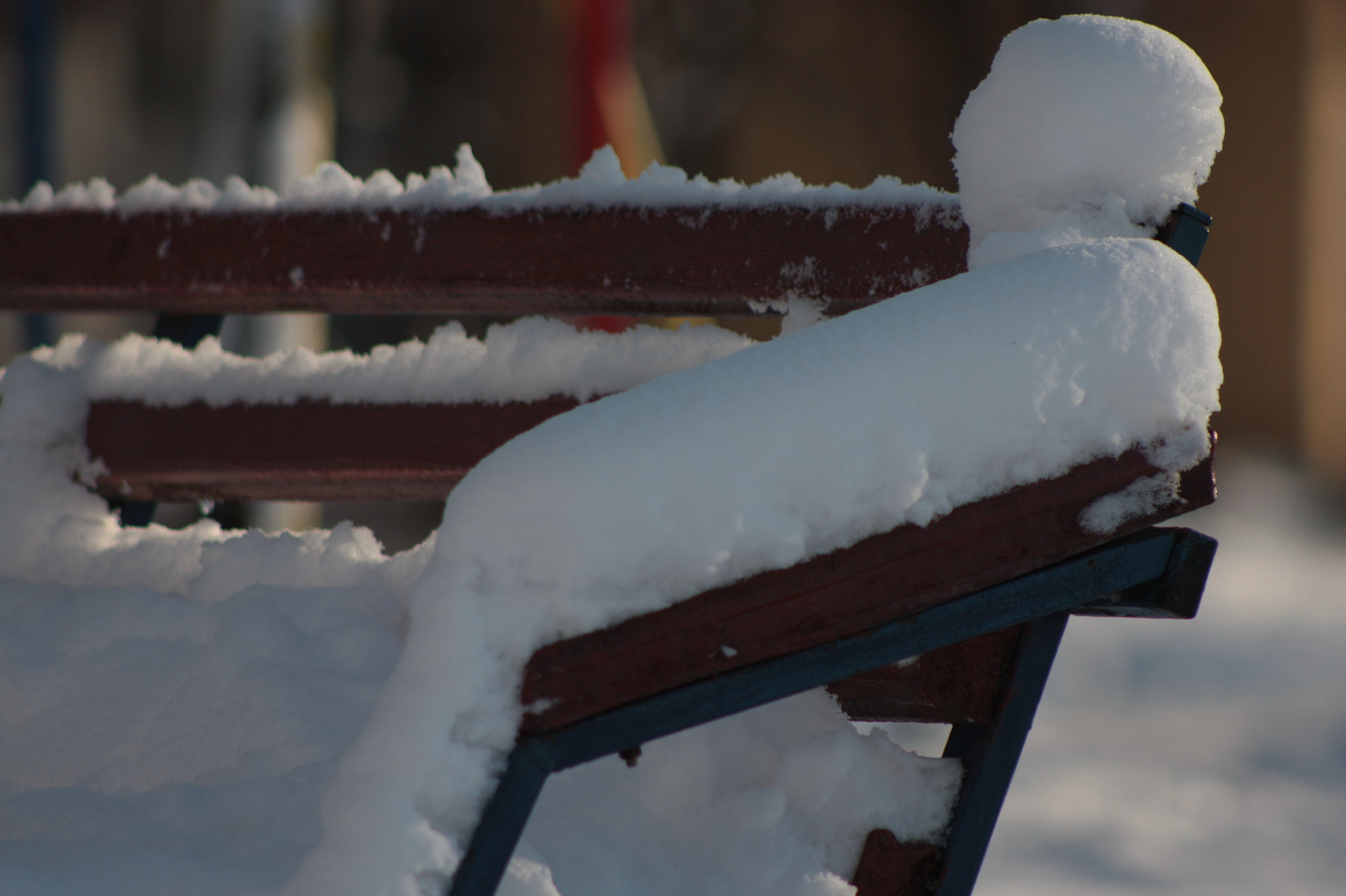 Canon EOS 450D (EOS Rebel XSi / EOS Kiss X2) + EF75-300mm f/4-5.6 sample photo. Snow on the garden bench photography