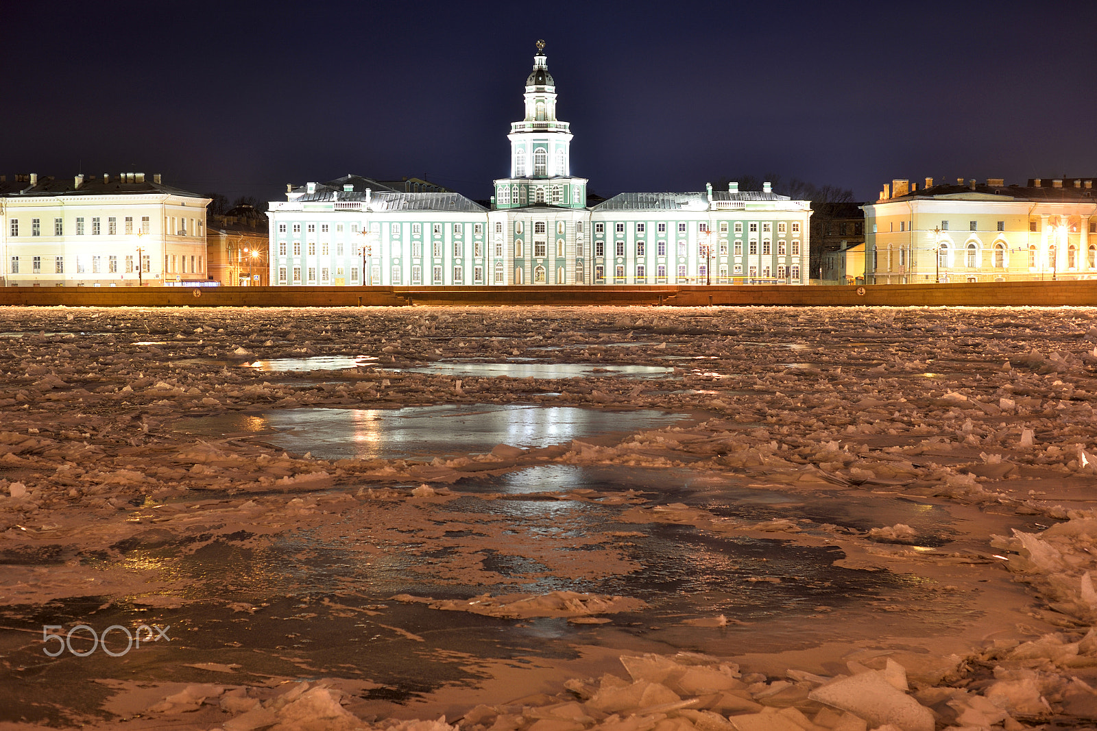 Nikon D610 + Nikon AF Nikkor 50mm F1.8D sample photo. View of university embankment and frozen neva river at night. photography