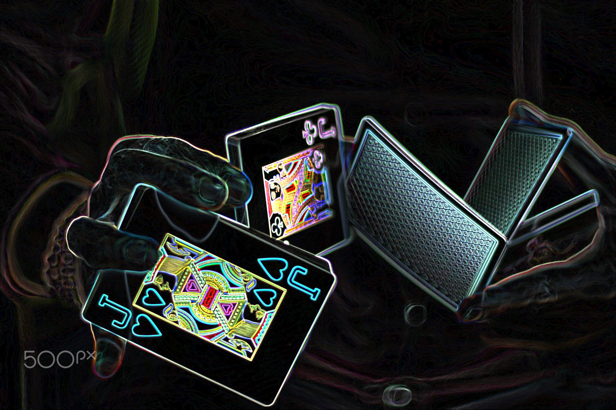 Men's hands with playing cards holographic neon