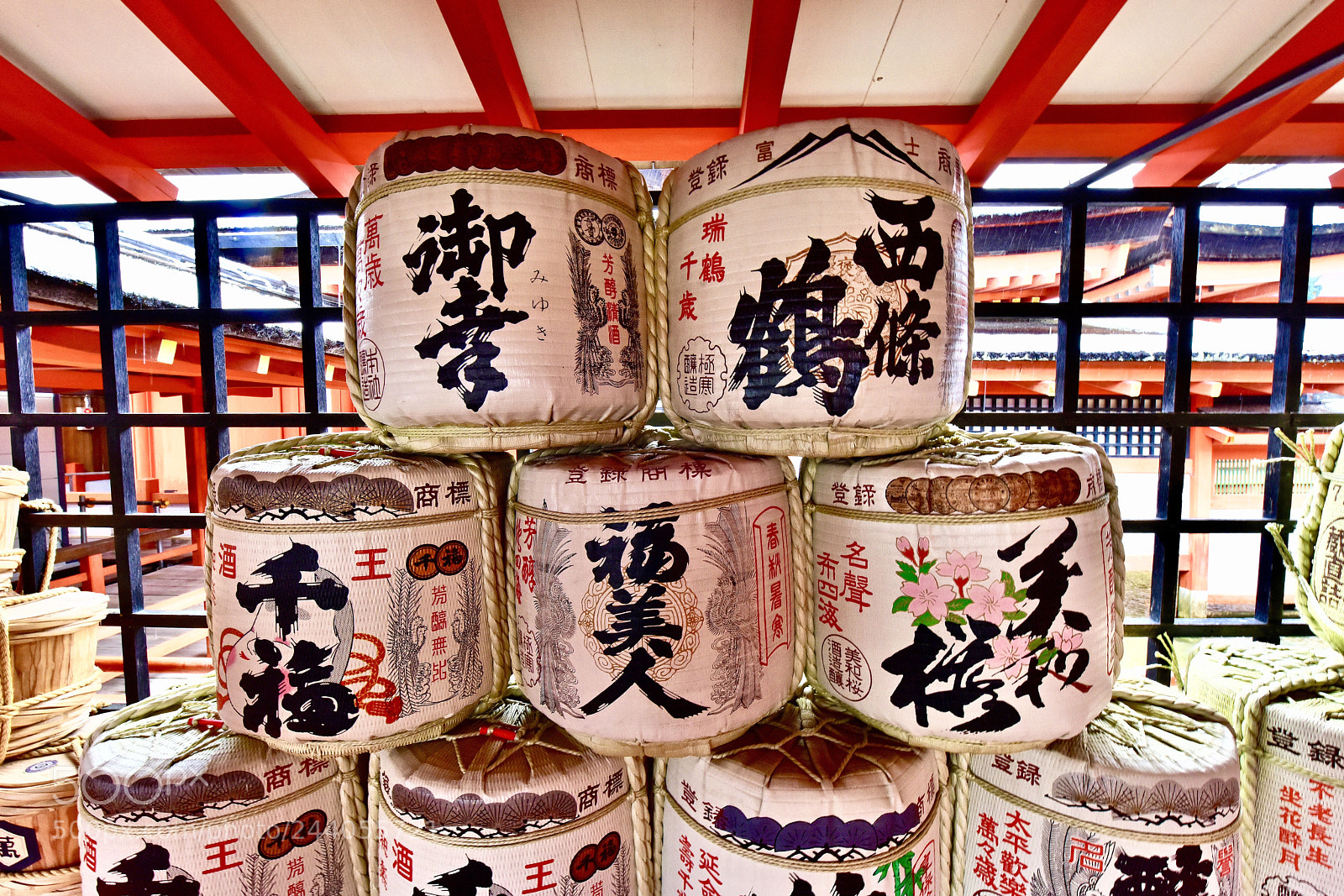 Nikon D810 sample photo. Sake barrels miyajima shrine photography