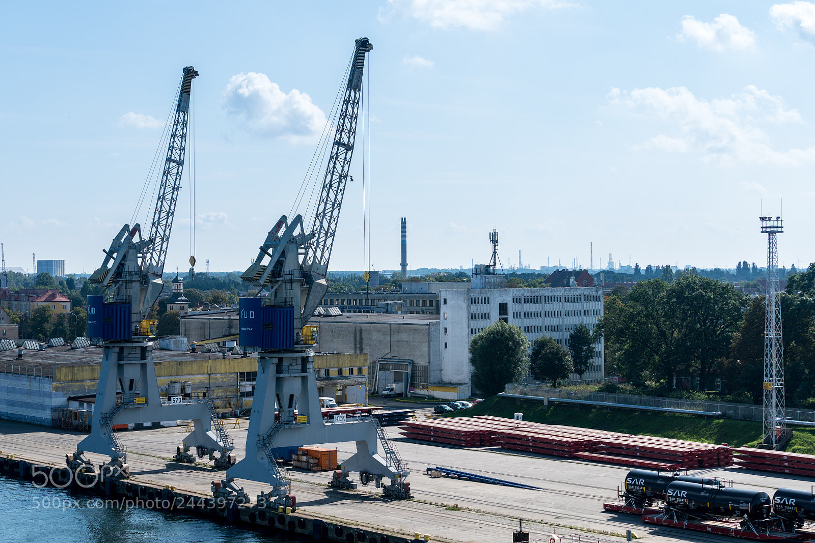 Sony a7R II sample photo. Cranes on dockside of photography