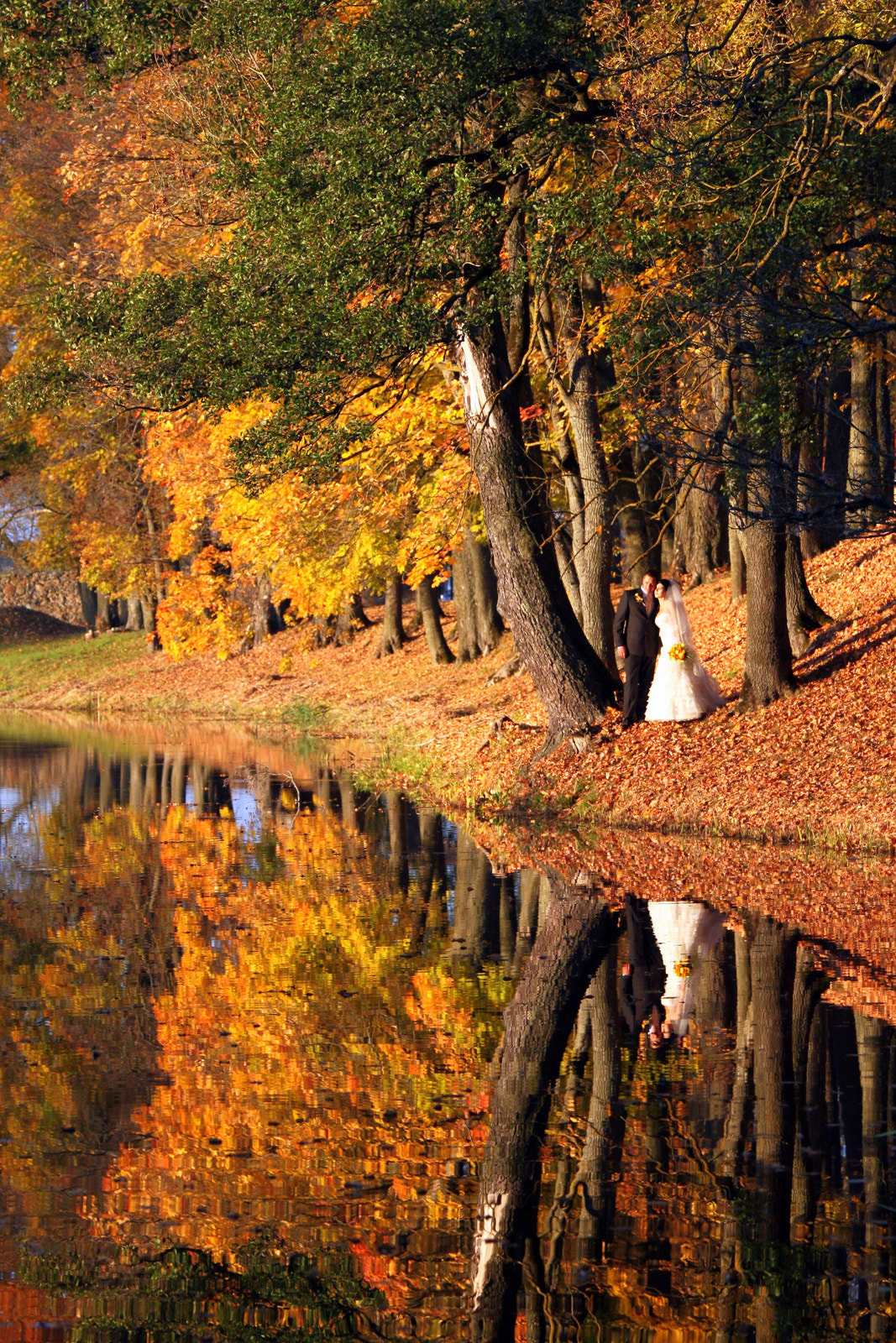 Canon EF 70-300mm F4-5.6 IS USM sample photo. Reflected autumn wedding photography