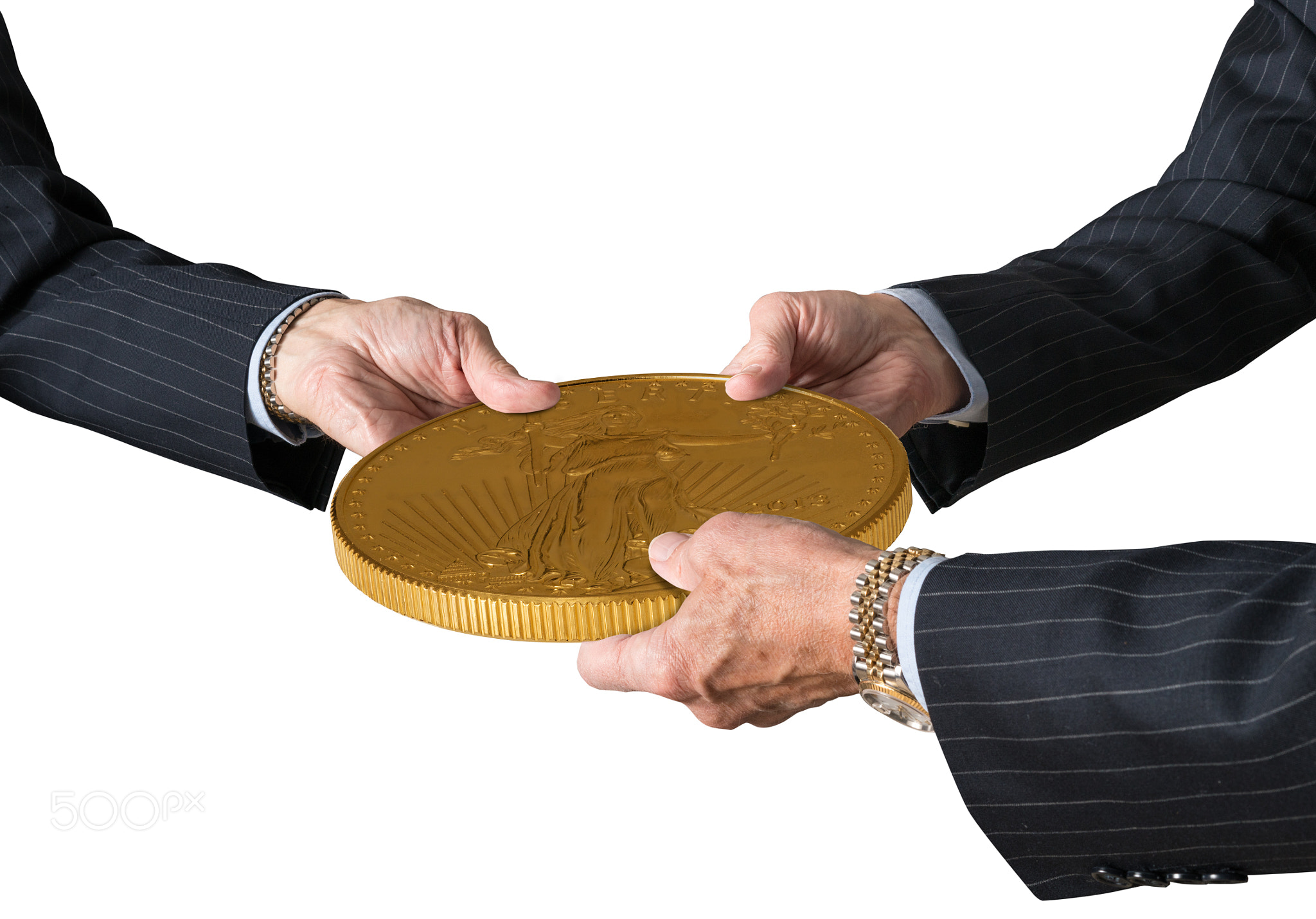 Isolated three traders hands holding large gold coin