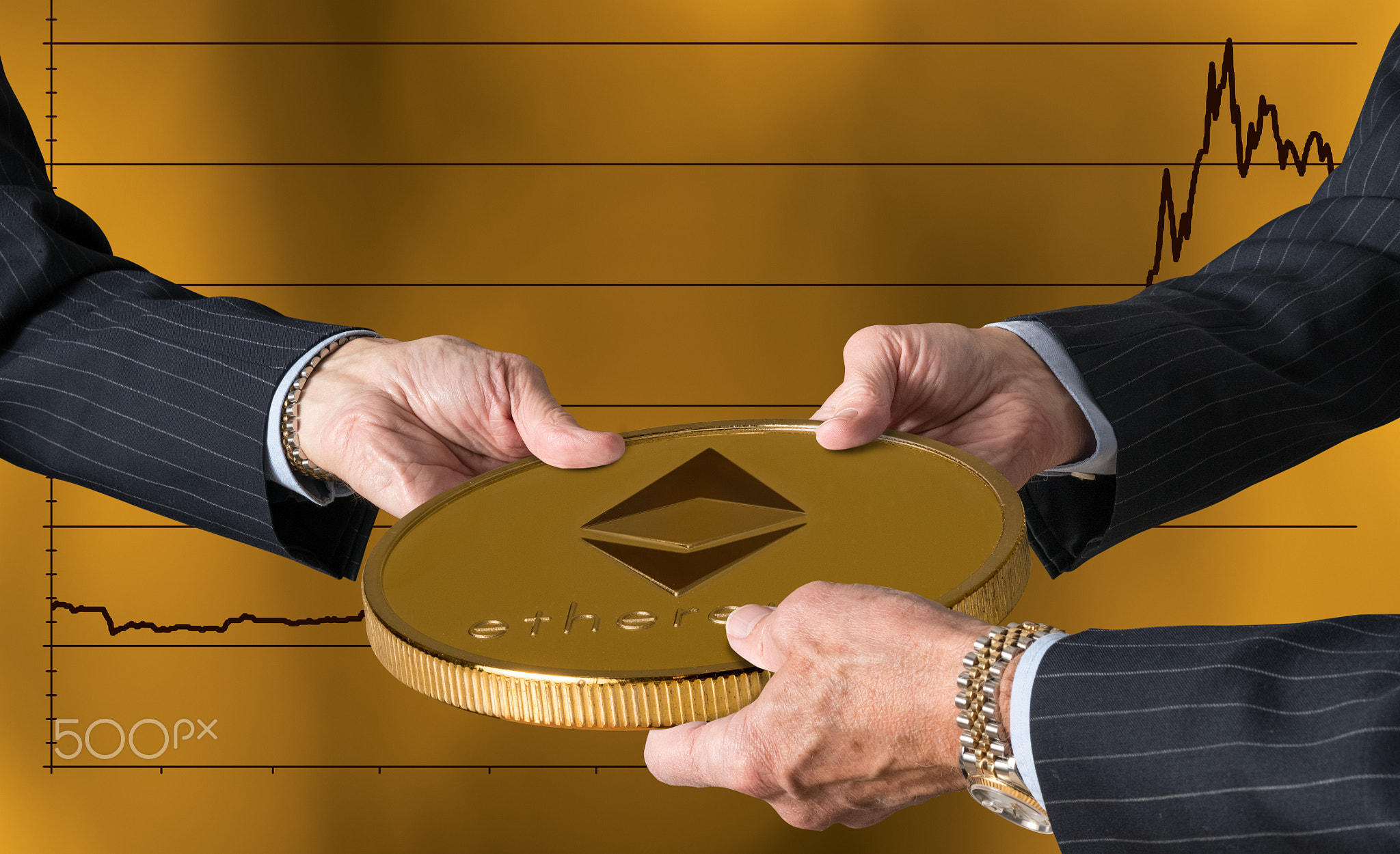 Three traders hands holding large ether or ethereum coin